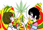  2girls armband black_hair black_rock_shooter blush drugs highres irino_saya koutari_yuu leaf marijuana mole multiple_girls psychedelic short_hair smoke smoking 