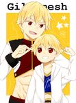  bad_id bad_pixiv_id blonde_hair character_name child child_gilgamesh dual_persona fate/hollow_ataraxia fate/stay_night fate_(series) gilgamesh hara_(yakiburi) male_focus midriff multiple_boys open_mouth red_eyes smile younger 