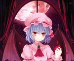  ascot bad_id bad_pixiv_id bat bat_wings brooch closed_mouth hat jewelry lavender_hair looking_at_viewer moon petals philomelalilium portrait red_eyes remilia_scarlet short_hair smile solo touhou wings 