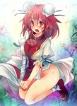  ahoge bandages breasts bun_cover covered_nipples double_bun flower ibaraki_kasen large_breasts looking_at_viewer no_panties open_mouth pink_eyes pink_hair rose seiza shoes short_hair sitting solo sweat tabard tears touhou ukyo_rst wind wind_lift 