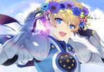  blonde_hair blue_eyes flynn_scifo gauntlets male_focus md5_mismatch motoko_(ambiy) open_mouth tales_of_(series) tales_of_vesperia wreath 