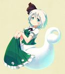  aqua_eyes black_hairband blueberry_(5959) bottomless bow bowtie eyebrows floating fusion ghost ghost_tail hair_ribbon hairband holding konpaku_youmu konpaku_youmu_(ghost) looking_at_viewer ribbon sepia_background short_hair short_sleeves silver_hair simple_background skirt skirt_removed smile solo thick_eyebrows touhou vest 