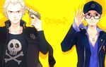  artist_request barbell_piercing baseball_cap black_eyes black_hair blonde_hair ear_piercing earrings evoker glasses gun gun_to_head handgun hat holding holding_gun holding_weapon iori_junpei jacket jacket_on_shoulders jewelry jolly_roger long_sleeves multiple_boys necklace nervous nose_piercing persona persona_3 persona_4 piercing pistol role_reversal scar school_uniform short_hair standing stud_earrings sweatdrop tatsumi_kanji weapon yellow_background yellow_eyes 