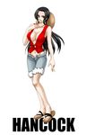  1girl black_hair boa_hancock breasts character_name chikaburo cosplay earrings female full_body hat jewelry large_breasts monkey_d_luffy monkey_d_luffy_(cosplay) one_piece sandals solo standing straw_hat vest 