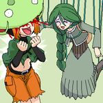  artist_request biting blood braid capelet carnivine gen_4_pokemon green_background green_capelet green_hair gym_leader hair_over_shoulder hanging long_hair lowres momi_(pokemon) multiple_girls natane_(pokemon) navel oekaki orange_hair pokemon pokemon_(creature) pokemon_(game) pokemon_dppt simple_background single_braid 