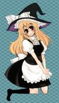  apron apron_tug bad_id bad_pixiv_id black_legwear blonde_hair blush braid breasts frown hat kirisame_marisa long_hair looking_at_viewer mame_mochi medium_breasts ribbon skirt skirt_set socks solo thick_eyebrows touhou vest witch_hat 