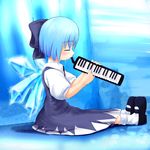  blue_hair blush bow cirno closed_eyes highres instrument keyboard_(instrument) melodica ribbon solo touhou tsubasa_(abchipika) wings 