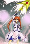  bad_id bad_pixiv_id energy_wings fingerless_gloves gloves highres jacket lyrical_nanoha magazine_(weapon) magic magic_circle magical_girl mahou_shoujo_lyrical_nanoha_strikers mukunoki_nanatsu open_clothes open_jacket purple_eyes raising_heart red_hair solo takamachi_nanoha twintails wings 