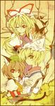  animal_ears bad_id bad_pixiv_id blonde_hair brown_hair bug butterfly cat_ears chen hat hat_ribbon insect long_hair multiple_girls pillow_hat puffy_short_sleeves puffy_sleeves red_eyes ribbon short_hair short_sleeves tail touhou wagga yakumo_ran yakumo_yukari yellow_eyes 