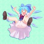  &gt;_&lt; 1girl :d aqua_background arms_up bad_id bad_pixiv_id bandaid bandaid_on_knee bloomers blue_bow blue_hair bow chaba_(hortensia) cirno closed_eyes full_body ice ice_wings neck_ribbon open_mouth puffy_short_sleeves puffy_sleeves ribbon shoes short_sleeves smile socks solo touhou underwear upskirt white_bloomers wings xd 