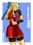  blonde_hair blue_background brown_eyes character_name copyright_name drill_hair fingerless_gloves forehead gloves hair_pulled_back kanzuki_karin long_hair red_sailor_collar ribbon ringlets sailor_collar school_uniform shorts shorts_under_skirt skirt spandex street_fighter tetsu_(kimuchi) 