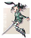  animal_ears argyle argyle_legwear bangs blush bunny_ears bunny_tail full_body green hair_ornament hairclip holding katahira_masashi long_sleeves open_mouth original plaid plaid_vest ponytail puffy_sleeves solo swept_bangs sword tail thighhighs vest weapon 