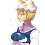  7c blonde_hair breast_hold breasts brooch closed_eyes gem hat jewelry long_sleeves pillow_hat short_hair simple_background sleeves_past_wrists solo tabard touhou upper_body white_background yakumo_ran 