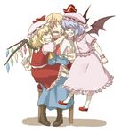  alice_margatroid anger_vein bat_wings blonde_hair blue_hair clenched_hand flandre_scarlet hat hug multiple_girls remilia_scarlet ribbon short_hair torinone touhou wings wrist_cuffs 