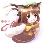  animal_ears brown_hair cat_ears cat_tail chen china_dress chinese_clothes dress earrings fangs hat jewelry lowres multiple_tails red_eyes short_hair solo tail touhou tsubasa_(abchipika) 