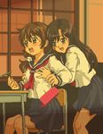  black_hair breast_grab breasts brown_hair desk famicom_tantei_club grabbing kasuga_(kasuga39) kojima_youko long_hair lowres medium_breasts multiple_girls oekaki pencil_case school_uniform sepia serafuku tachibana_ayumi yuri 