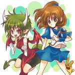  arle_nadja bat_wings blue_skirt brown_eyes brown_hair carbuncle_(puyopuyo) draco_centauros elbow_gloves girotin_ginza gloves green_hair half_updo horns lowres madou_monogatari multiple_girls pointy_ears puyopuyo red_eyes red_wings short_hair skirt tail wings wristband 