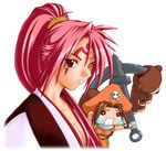  anchor artist_request baiken breasts chibi cleavage guilty_gear hat japanese_clothes kataginu kimono large_breasts long_hair may_(guilty_gear) multiple_girls o_o one-eyed orange_hat orange_shirt pink_hair ponytail red_eyes scar scar_across_eye shirt stuffed_animal stuffed_toy tears teddy_bear white_background 