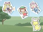  animal_ears arty blonde_hair cat_ears cat_tail cat_teaser chen chibi covering_mouth cutout earrings fan folding_fan fox_tail hat japanese_clothes jewelry kimono multiple_girls nude ribbon saigyouji_yuyuko smell socks streaking tail touhou yakumo_ran yakumo_yukari 