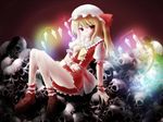  blonde_hair expressionless flandre_scarlet glowing hat natsu_no_koucha one_side_up red_eyes sitting skull solo touhou wings wrist_cuffs 