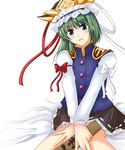  blue_eyes bow green_hair hat head_tilt miniskirt qoo ribbon rod_of_remorse shiki_eiki sitting skirt solo touhou v_arms 