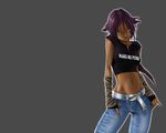  belt bleach clothes_writing dark_skin denim fang jeans midriff mike_nesbitt pants purple_hair shihouin_yoruichi shirt solo wallpaper yellow_eyes 