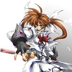  ahoge angry between_fingers bow brooch brown_hair cartridge fingerless_gloves frown gloves jacket jewelry long_hair lyrical_nanoha magical_girl mahou_shoujo_lyrical_nanoha_strikers matsuno_canel purple_eyes raising_heart shadow skirt solo spiked_hair staff standing takamachi_nanoha twintails weapon 