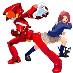  blush canti cat clenched_hand fighting_stance flcl jinroku open_mouth plaid red_eyes red_hair robot samejima_mamimi school_uniform serafuku short_hair skirt socks takkun_(flcl) 