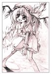  :d barefoot blush fang fire flandre_scarlet graphite_(medium) hat monochrome one_side_up open_mouth smile solo sugai tiptoes touhou traditional_media wings 