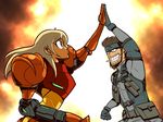  1girl armor beard blonde_hair blue_eyes captainosaka cigarette explosion facial_hair grin high_five long_hair metal_gear_(series) metal_gear_solid metroid mustache samus_aran smile smoking solid_snake super_smash_bros. varia_suit 