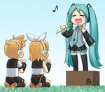  2girls aqua_hair bad_id bad_pixiv_id blonde_hair brother_and_sister clapping detached_sleeves hair_ribbon hatsune_miku headphones highres kagamine_len kagamine_rin kneeling multiple_girls music nagian necktie ribbon seiza siblings singing sitting spring_onion thighhighs twins twintails vocaloid zettai_ryouiki 
