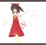  black_hair detached_sleeves gohei hakurei_reimu huei_nazuki letterboxed petals red_eyes solo touhou 