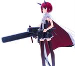  boots cape chainsaw dress flat_chest horns original poco_(asahi_age) red_eyes red_hair short_hair simple_background solo thigh_boots thighhighs zettai_ryouiki 