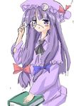  bespectacled book glasses hair_ribbon hat niwata_senpei patchouli_knowledge purple_eyes purple_hair ribbon solo touhou 