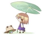  animal black_footwear blonde_hair borrowed_garments chibi closed_mouth dollar frog hair_ribbon hat hat_removed headwear_removed kneehighs leaf_umbrella lily_pad long_sleeves looking_afar lowres moriya_suwako profile purple_skirt ribbon shoes skirt skirt_set solo standing tadpole_tail touhou tress_ribbon vest water_drop white_background white_legwear 