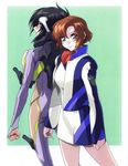  1girl arm_cutout black_hair blush bodysuit headgear highres hirai_hisashi long_sleeves looking_at_viewer makabe_kazuki official_art orange_hair pilot_suit scan short_hair side_cutout skirt smile soukyuu_no_fafner synergetic_suit toomi_maya uniform 