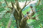  1girl child copyright_request in_tree landscape lying mitu nature on_stomach scenery sitting sitting_in_tree tree 