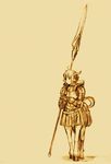  armor bad_id bad_pixiv_id centaur copyright_request horns mishima_yoshikatsu monochrome monster_girl pointy_ears polearm solo spear weapon yellow 