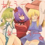  &gt;_&lt; armpits blonde_hair closed_eyes green_hair hair_ornament hair_ribbon hairclip haneko hat kochiya_sanae leaf_hair_ornament moriya_suwako multiple_girls purple_hair ribbon short_hair sweatdrop thighhighs touhou yasaka_kanako 