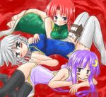  bare_shoulders china_dress chinese_clothes crescent crescent_hair_ornament dress hair_ornament hong_meiling izayoi_sakuya long_hair multiple_girls niwata_senpei patchouli_knowledge purple_hair red_hair ribbon thighhighs touhou white_hair 