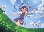  ahoge aqua_eyes barefoot blue_hair cirno cloud day fisheye flower grass morujii one_eye_closed ribbon sky smile solo touhou wallpaper wings 