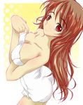  breasts brown_eyes brown_hair cleavage copyright_request covered_nipples gakky impossible_towel large_breasts long_hair naked_towel solo towel 