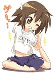  barefoot brown_eyes brown_hair full_body gym_uniform ixy kusakabe_misao lucky_star midriff navel plantar_flexion short_hair solo stretch sweatdrop yoga 