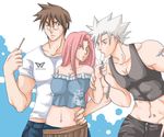  2boys artist_request baiken breasts casual chipp_zanuff cleavage food glasses guilty_gear ice_cream large_breasts lowres midriff mito_anji multiple_boys scar scar_across_eye 