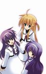  :d ahoge arisa_bannings character_request dress foreshortening from_above hairband long_hair long_sleeves looking_at_viewer looking_up lyrical_nanoha mahou_shoujo_lyrical_nanoha multiple_girls open_mouth purple_eyes purple_hair school_uniform seishou_elementary_school_uniform simple_background smile standing tsukimura_suzuka uniform very_long_hair white_background white_dress 