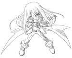  anklet belt beret bodysuit buckle cape cinque_(nanoha) eyepatch full_body greyscale hat jewelry long_hair looking_at_viewer lyrical_nanoha mahou_shoujo_lyrical_nanoha_strikers monochrome numbers'_uniform numbers_(nanoha) shoes simple_background solo uka very_long_hair white_background yuuka_(o.t.kingdom) 