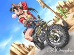  black_hair boots breasts bubble_blowing cactus chewing_gum cleavage denim denim_shorts desert dirtbike gagraphic goggles ground_vehicle happoubi_jin medium_breasts motor_vehicle motorcycle shorts solo wallpaper 
