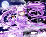  azuya_nagisa clamp_gakuen_tanteidan closed_eyes flute glowing hair_ribbon instrument japanese_clothes kimono moon night petals purple_hair ribbon signature solo standing star twintails yukirin 