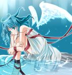  angel green_eyes green_hair kiu_(larckiu) leg_hug lowres original ribbon solo water wings 