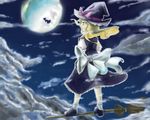  arsen blonde_hair broom broom_riding flying full_moon hakurei_reimu hat japanese_clothes kirisame_marisa moon multiple_girls night night_sky sky touhou witch_hat yellow_eyes 